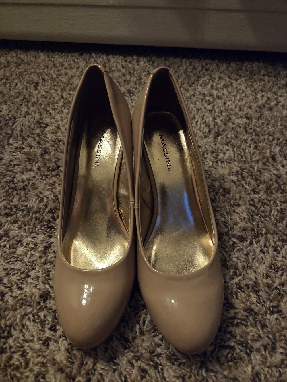 Massini Beige Patent Round-Toe Pumps
